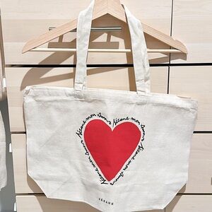 Sezane | Cream Canvas Tote Bag with Red Heart